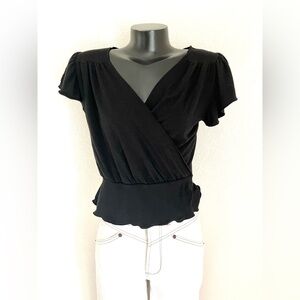 VINTAGE ANTHROPOLOGIE black Faux Wrap Flutter SLEEVE Peplum BLOUSE -medium EUC!